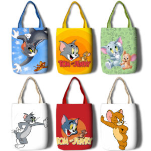Tom and Jerry Canvas Grocery Bag Shopping Bag Reusable Large Shopping Canvas Bags Natural White Cloth Shoulder Bags Canvas Tote Bag Perfect for Crafting Decorating