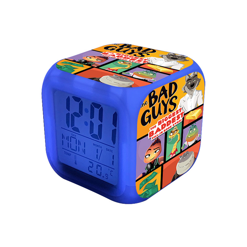 The Bad Guys Alarm Clock Led Light 7 Color Change Electronic Desk Watch Square Table